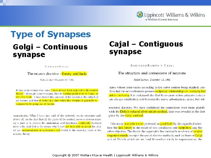 Type of Synapses Golgi – Continuous synapse Cajal – Contiguous synapse Copyright © 2007