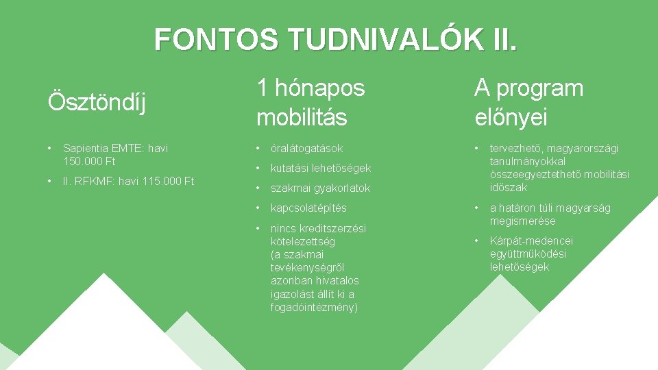 FONTOS TUDNIVALÓK II. Ösztöndíj 1 hónapos mobilitás A program előnyei • • óralátogatások •