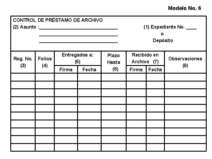 Modelo No. 6 CONTROL DE PRÉSTAMO DE ARCHIVO (2) Asunto : ______________________________ Reg. No.