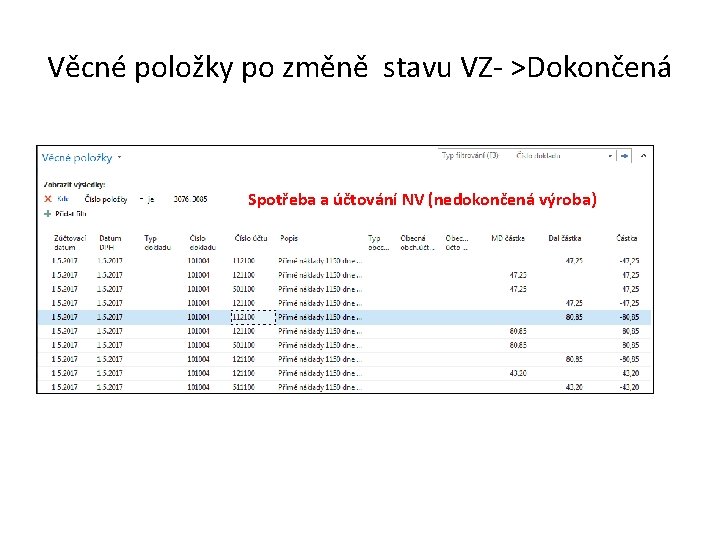 Věcné položky po změně stavu VZ- >Dokončená Spotřeba a účtování NV (nedokončená výroba)  Věcné položky po změně stavu VZ- >Dokončená Spotřeba a účtování NV (nedokončená výroba)