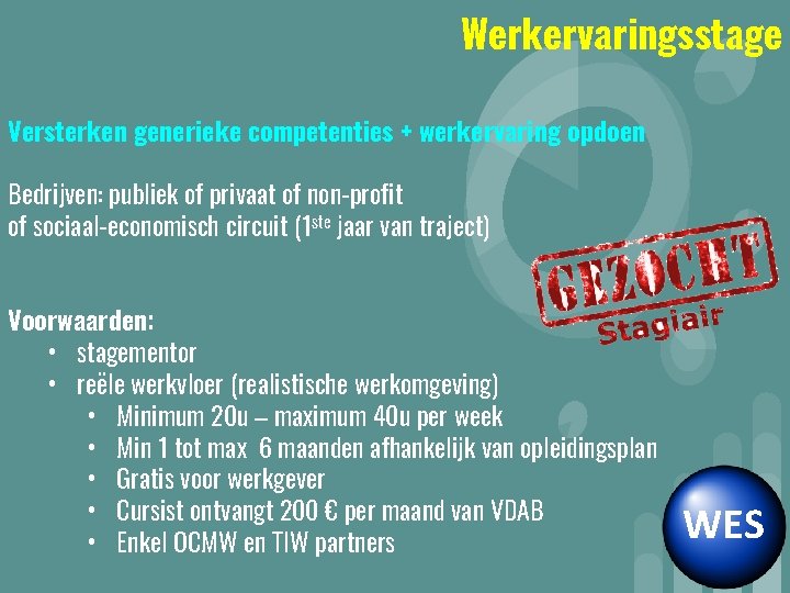 Werkervaringsstage Versterken generieke competenties + werkervaring opdoen Bedrijven: publiek of privaat of non-profit of