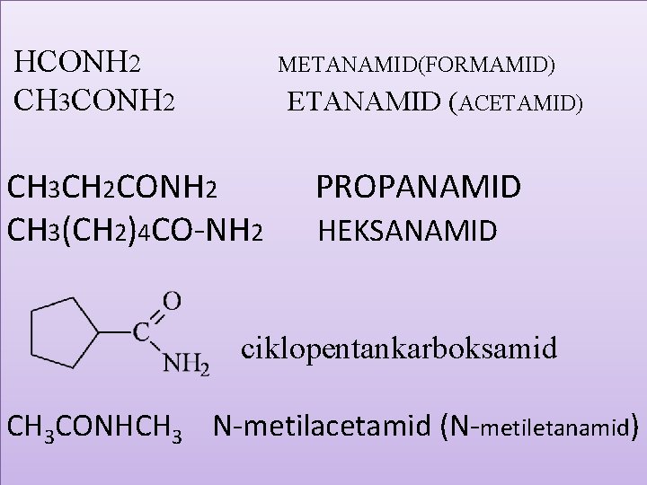 HCONH 2 CH 3 CONH 2 METANAMID(FORMAMID) ETANAMID (ACETAMID) CH 3 CH 2 CONH