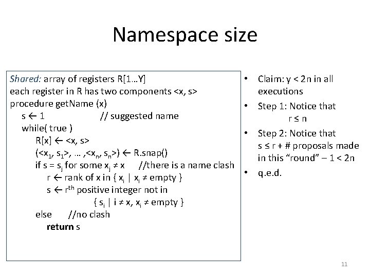Namespace size Shared: array of registers R[1…Y] each register in R has two components