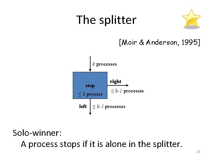 The splitter [Moir & Anderson, 1995] k processes stop ≤ 1 process left right