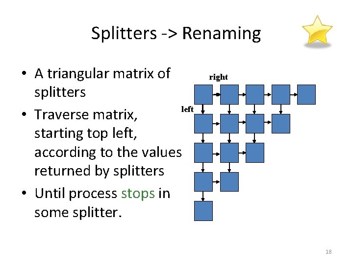 Splitters -> Renaming • A triangular matrix of splitters left • Traverse matrix, starting