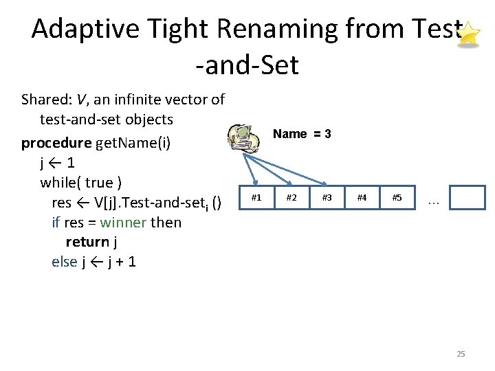Adaptive Tight Renaming from Test -and-Set Shared: V, an infinite vector of test-and-set objects