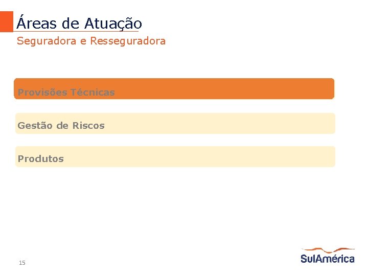 Áreas de Atuação Seguradora e Resseguradora Provisões Técnicas Gestão de Riscos Produtos 15 