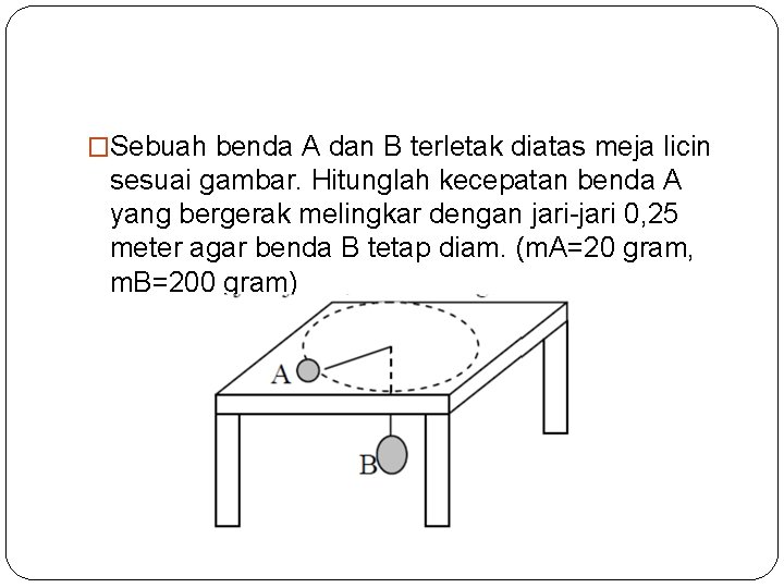 �Sebuah benda A dan B terletak diatas meja licin sesuai gambar. Hitunglah kecepatan benda