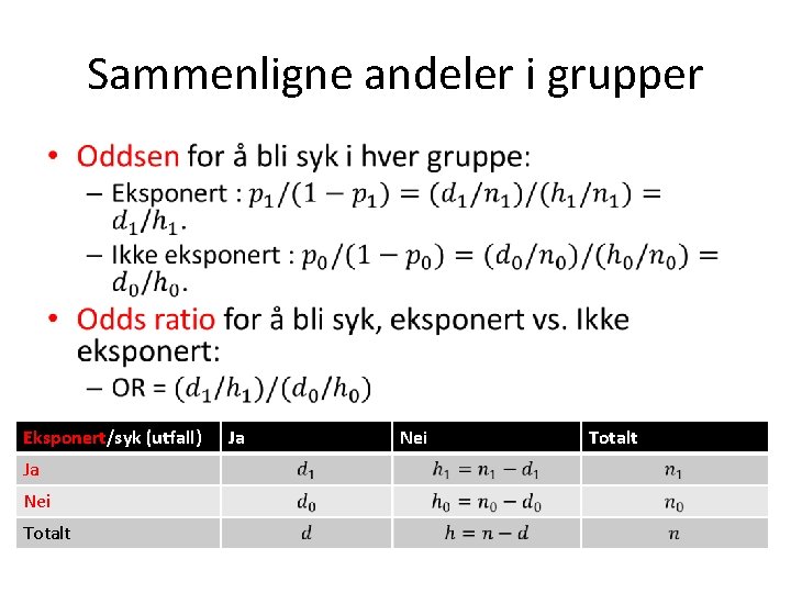 Sammenligne andeler i grupper • Eksponert/syk (utfall) Ja Nei Totalt 