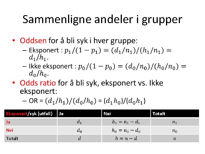 Sammenligne andeler i grupper • Eksponert/syk (utfall) Ja Nei Totalt 