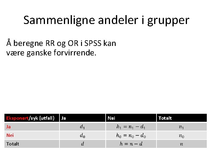 Sammenligne andeler i grupper Å beregne RR og OR i SPSS kan være ganske