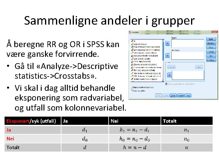 Sammenligne andeler i grupper Å beregne RR og OR i SPSS kan være ganske