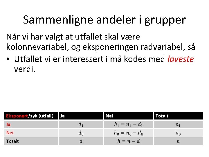 Sammenligne andeler i grupper Når vi har valgt at utfallet skal være kolonnevariabel, og