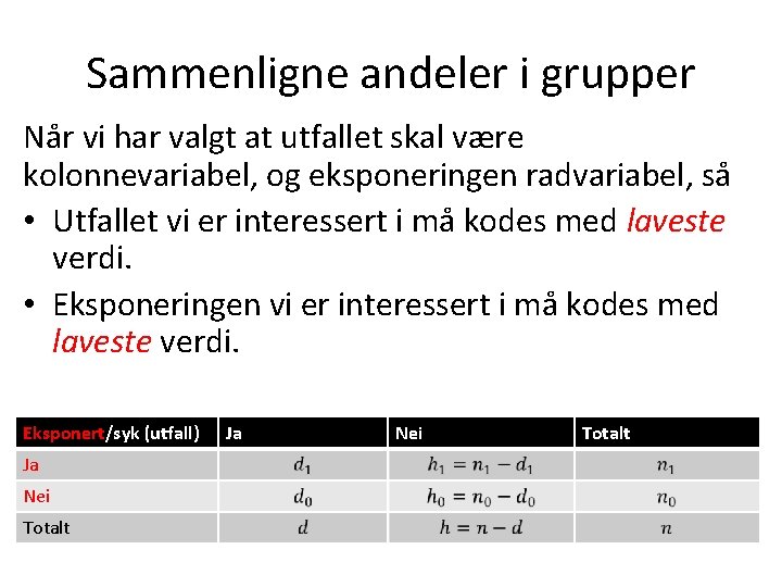 Sammenligne andeler i grupper Når vi har valgt at utfallet skal være kolonnevariabel, og