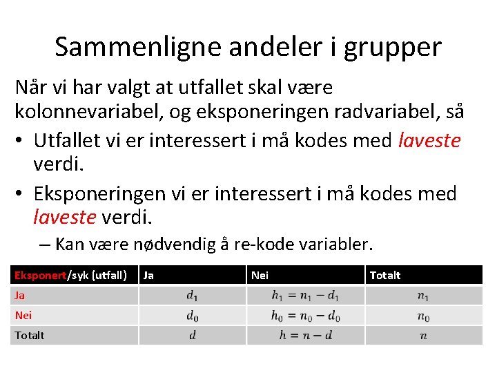 Sammenligne andeler i grupper Når vi har valgt at utfallet skal være kolonnevariabel, og