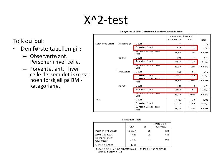 Χ^2 -test Tolk output: • Den første tabellen gir: – Observerte ant. Personer i