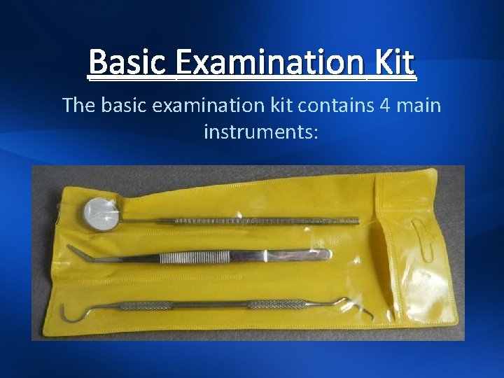 Basic Examination Kit The basic examination kit contains 4 main instruments: 