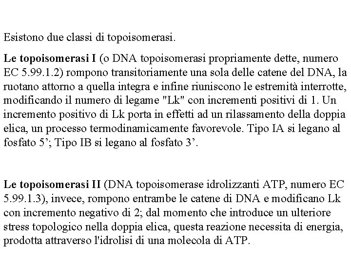 Esistono due classi di topoisomerasi. Le topoisomerasi I (o DNA topoisomerasi propriamente dette, numero