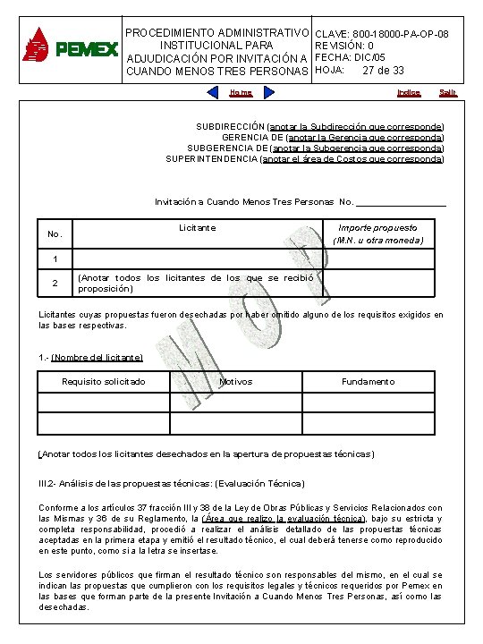 PROCEDIMIENTO ADMINISTRATIVO CLAVE: 800 -18000 -PA-OP-08 INSTITUCIONAL PARA REVISIÓN: 0 PARA PLANEACIÓN DE OBRAS