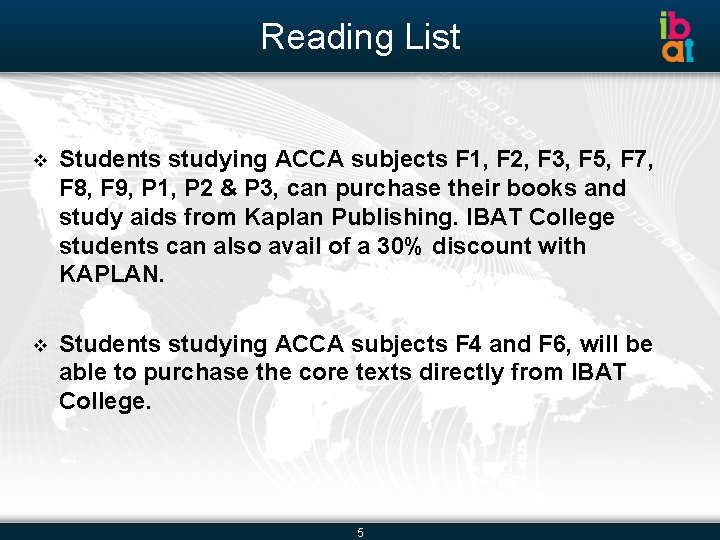 Reading List v Students studying ACCA subjects F 1, F 2, F 3, F