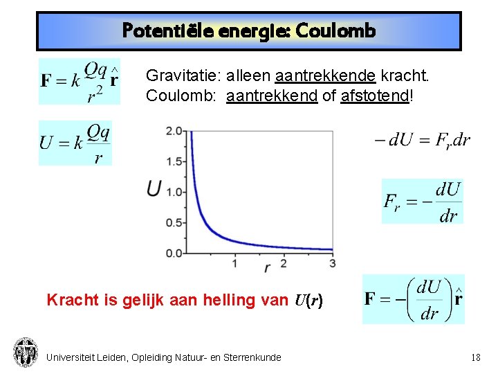 Potentiële energie: Coulomb Gravitatie: alleen aantrekkende kracht. Coulomb: aantrekkend of afstotend! Kracht is gelijk