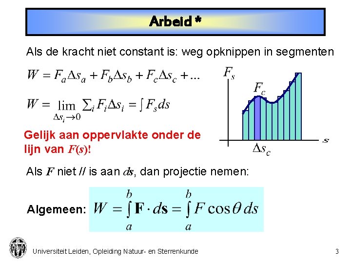 Arbeid * Als de kracht niet constant is: weg opknippen in segmenten Gelijk aan