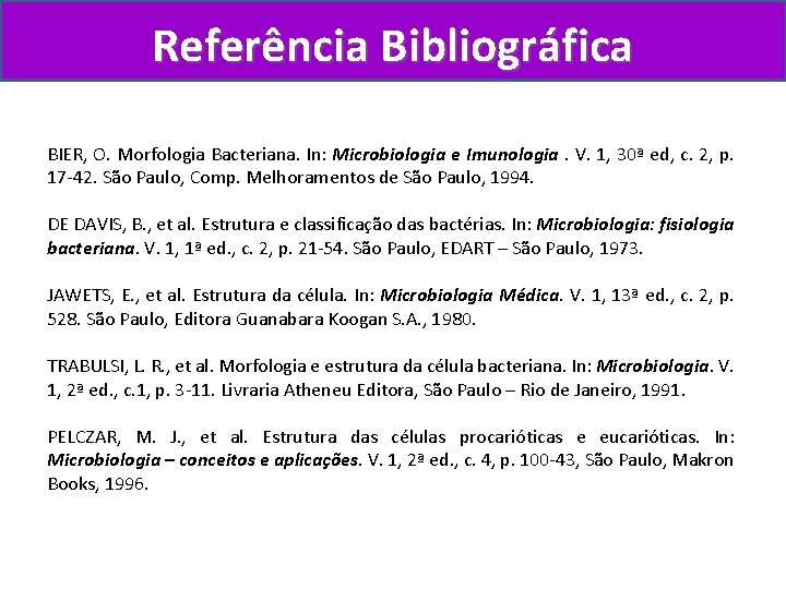 Referência Bibliográfica BIER, O. Morfologia Bacteriana. In: Microbiologia e Imunologia. V. 1, 30ª ed,