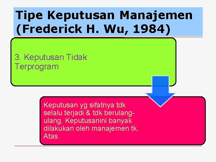 Tipe Keputusan Manajemen (Frederick H. Wu, 1984) 3. Keputusan Tidak Terprogram Keputusan yg sifatnya