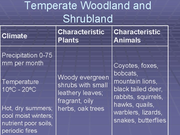 Temperate Woodland Shrubland Climate Precipitation 0 -75 mm per month Characteristic Plants Characteristic Animals