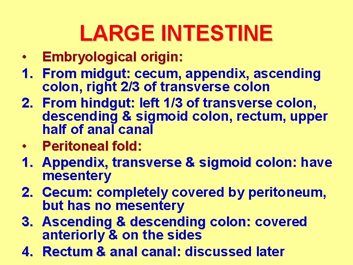 LARGE INTESTINE • Embryological origin: 1. From midgut: cecum, appendix, ascending colon, right 2/3