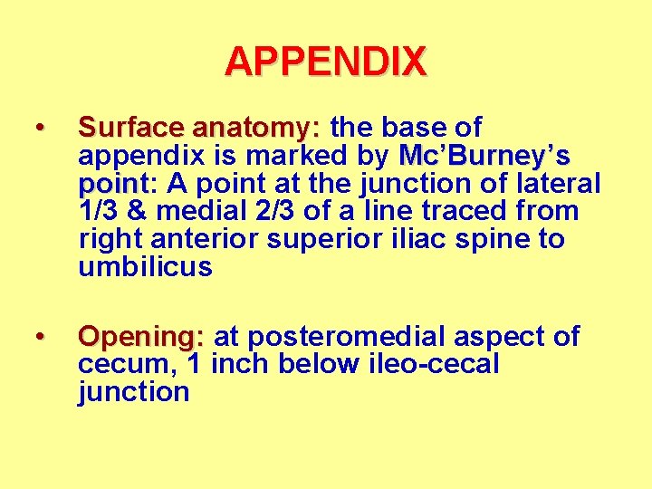 APPENDIX • Surface anatomy: the base of appendix is marked by Mc’Burney’s point: point