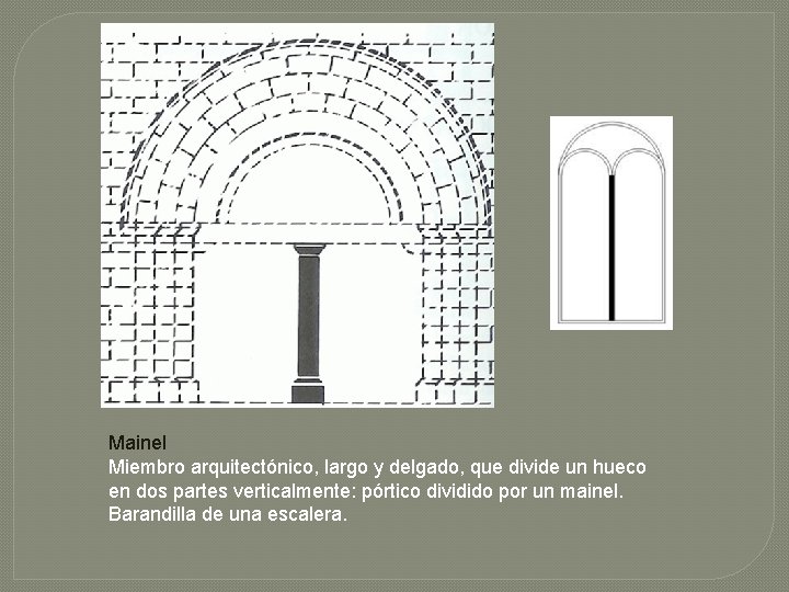 Mainel Miembro arquitectónico, largo y delgado, que divide un hueco en dos partes verticalmente: