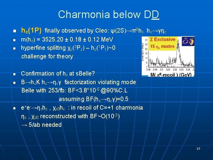 Charmonia below DD n n n hc(1 P) finally observed by Cleo: ψ(2 S)→π0