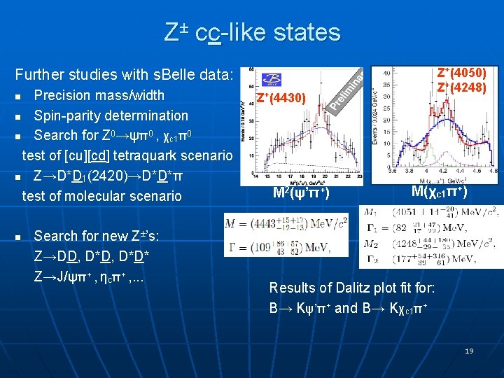 Z± cc-like states Z+(4050) Z+(4248) Further studies with s. Belle data: Precision mass/width n