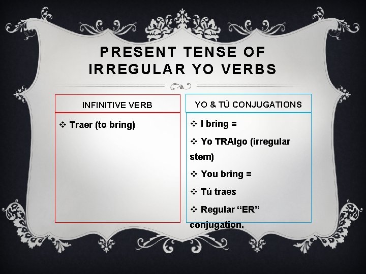 PRESENT TENSE OF IRREGULAR YO VERBS INFINITIVE VERB v Traer (to bring) YO &