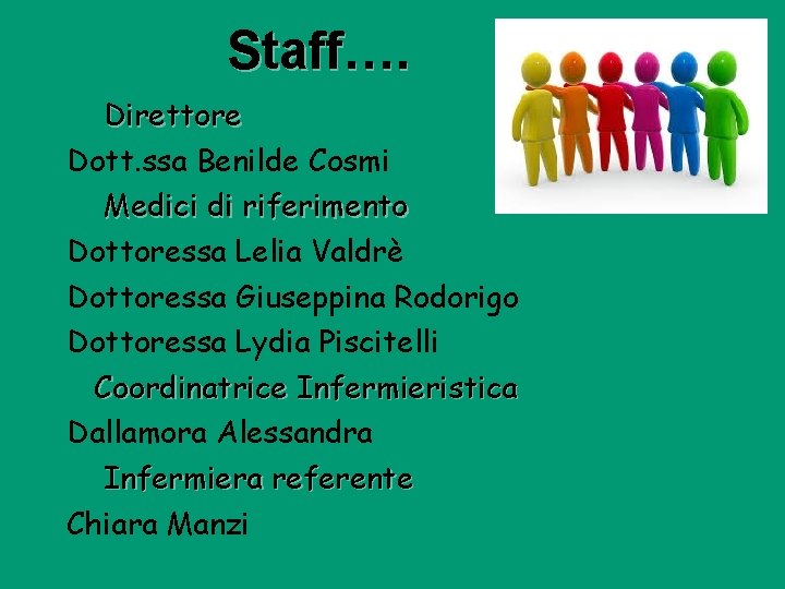 Staff…. Direttore Dott. ssa Benilde Cosmi Medici di riferimento Dottoressa Lelia Valdrè Dottoressa Giuseppina