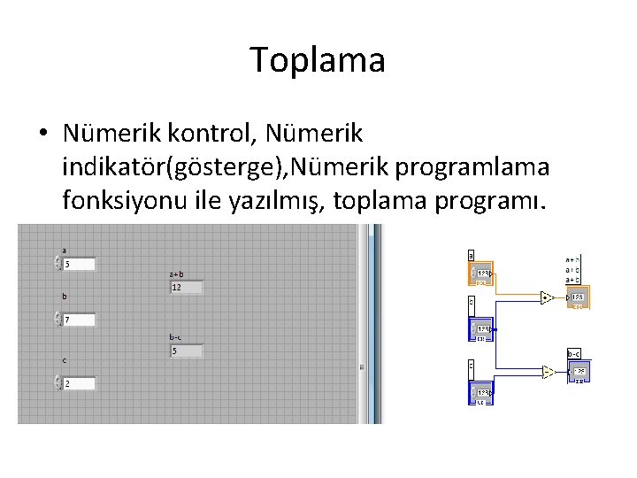 Toplama • Nümerik kontrol, Nümerik indikatör(gösterge), Nümerik programlama fonksiyonu ile yazılmış, toplama programı. 