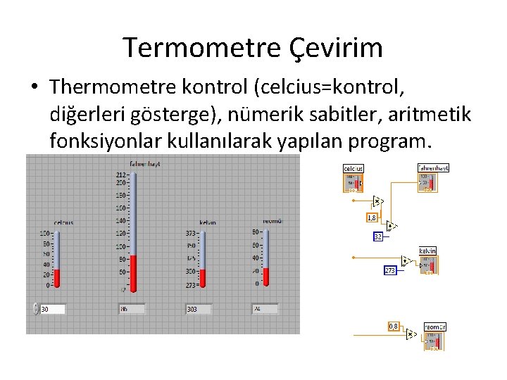 Termometre Çevirim • Thermometre kontrol (celcius=kontrol, diğerleri gösterge), nümerik sabitler, aritmetik fonksiyonlar kullanılarak yapılan