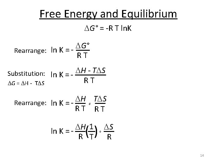 Free Energy and Equilibrium G° = -R T ln. K G° Rearrange: ln K