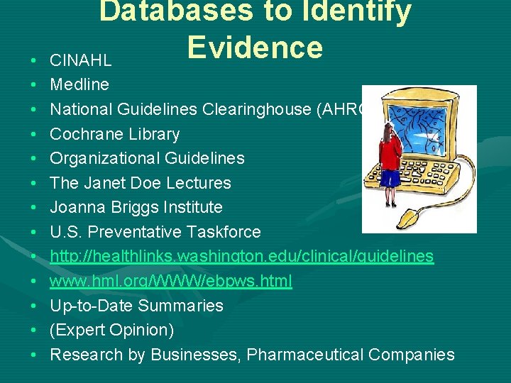  • • • • Databases to Identify Evidence CINAHL Medline National Guidelines Clearinghouse