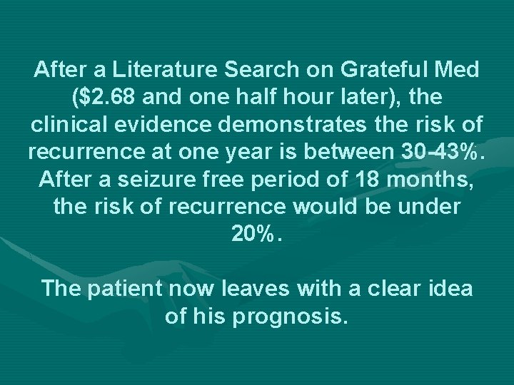 After a Literature Search on Grateful Med ($2. 68 and one half hour later),