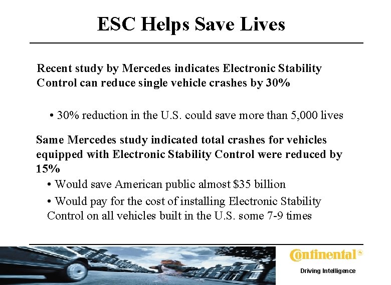 ESC Helps Save Lives Recent study by Mercedes indicates Electronic Stability Control can reduce