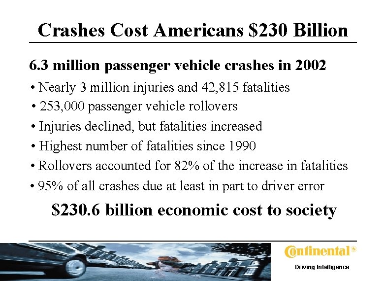 Crashes Cost Americans $230 Billion 6. 3 million passenger vehicle crashes in 2002 •