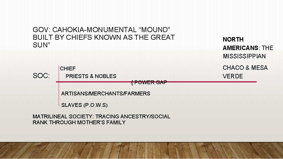 GOV: CAHOKIA-MONUMENTAL “MOUND” BUILT BY CHIEFS KNOWN AS THE GREAT SUN” SOC: CHIEF PRIESTS