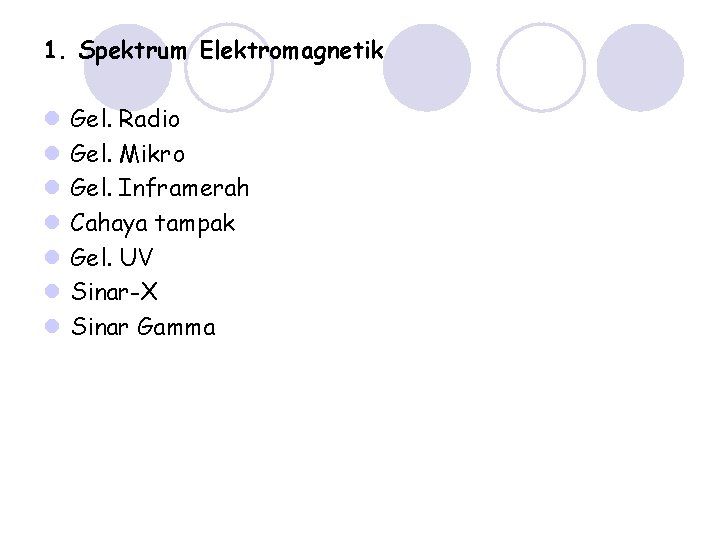 1. Spektrum Elektromagnetik l l l l Gel. Radio Gel. Mikro Gel. Inframerah Cahaya 1. Spektrum Elektromagnetik l l l l Gel. Radio Gel. Mikro Gel. Inframerah Cahaya