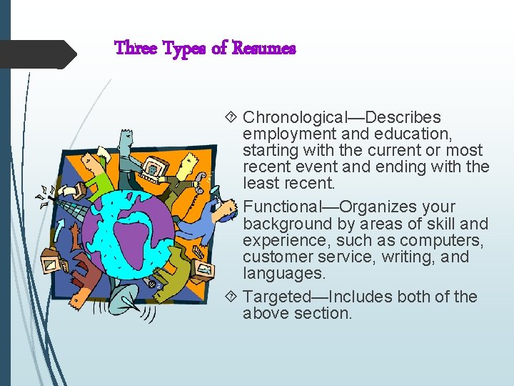 Three Types of Resumes Chronological—Describes employment and education, starting with the current or most