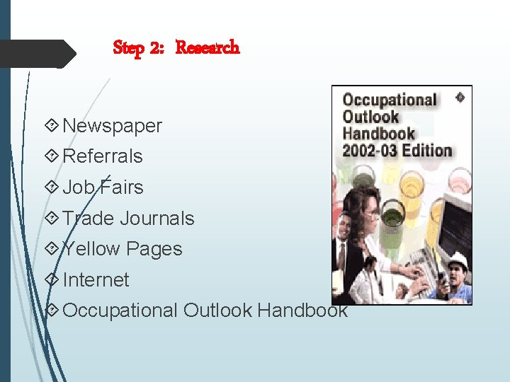 Step 2: Research Newspaper Referrals Job Fairs Trade Journals Yellow Pages Internet Occupational Outlook