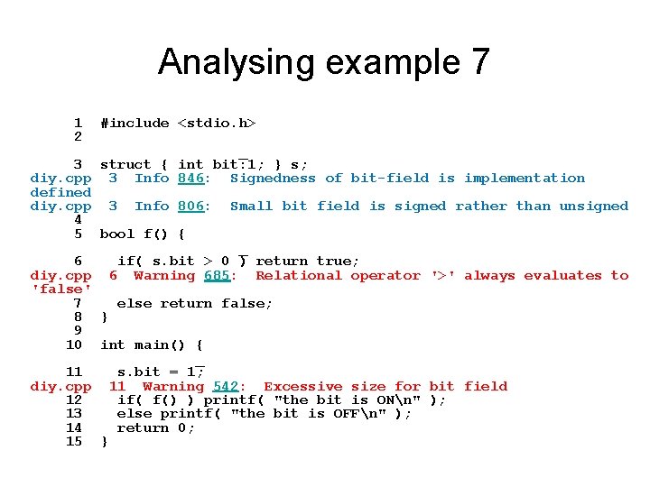 Analysing example 7 1 #include <stdio. h> 2 _ 3 struct { int bit: