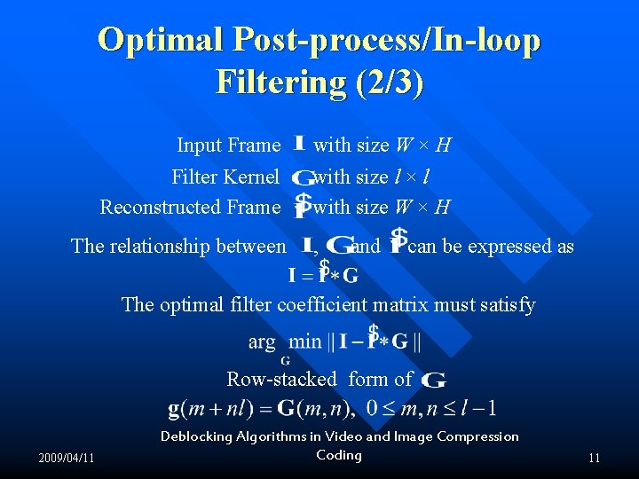 Optimal Post-process/In-loop Filtering (2/3) Input Frame Filter Kernel Reconstructed Frame The relationship between with Optimal Post-process/In-loop Filtering (2/3) Input Frame Filter Kernel Reconstructed Frame The relationship between with