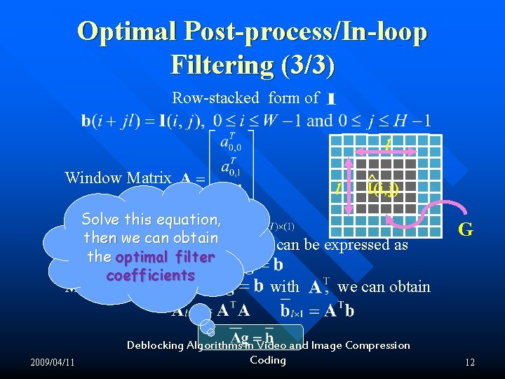 Optimal Post-process/In-loop Filtering (3/3) Row-stacked form of l Window Matrix Solve this equation, then Optimal Post-process/In-loop Filtering (3/3) Row-stacked form of l Window Matrix Solve this equation, then